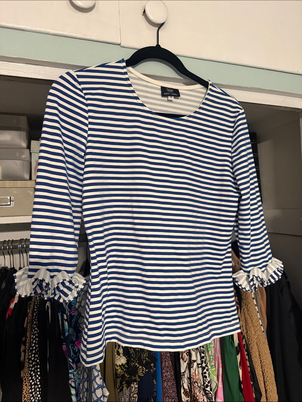 Sailor Sailor Women’s Blue & White Striped Ruffle Sleeve Top